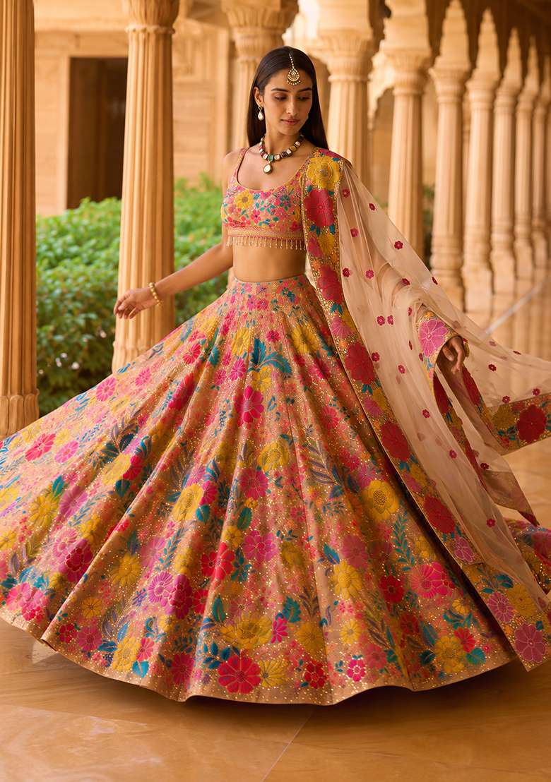 Multi Color Choli Georgette Lehenga with Embroidery for Diwali | Wedding & Festive Wear - Indya
