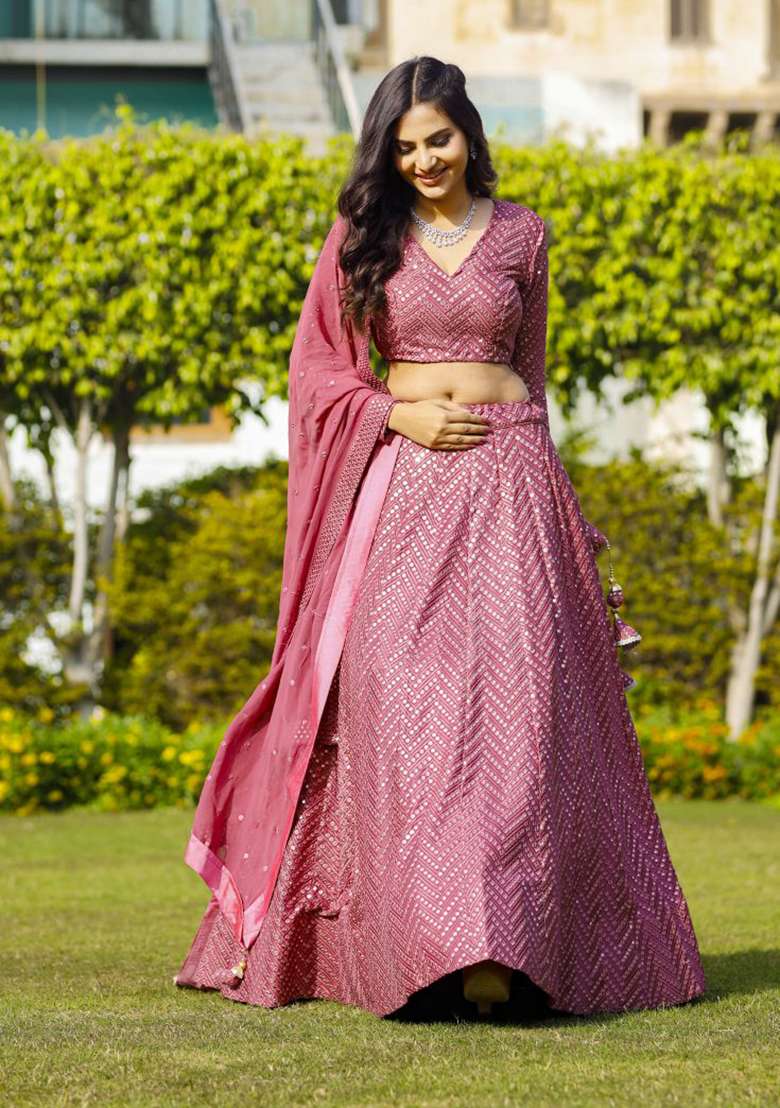 Metalic Pink Choli Georgette Lehenga with Embroidery for Diwali | Wedding & Festive Wear - Indya