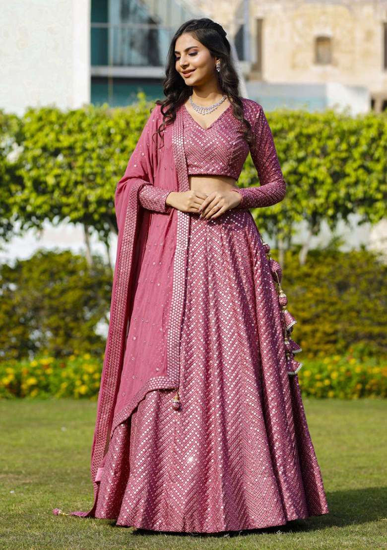 Metalic Pink Choli Georgette Lehenga with Embroidery for Diwali | Wedding & Festive Wear - Indya