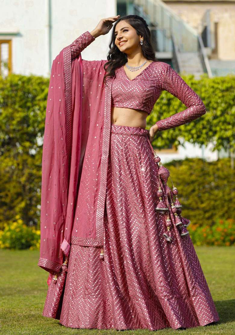 Metalic Pink Choli Georgette Lehenga with Embroidery for Diwali | Wedding & Festive Wear - Indya