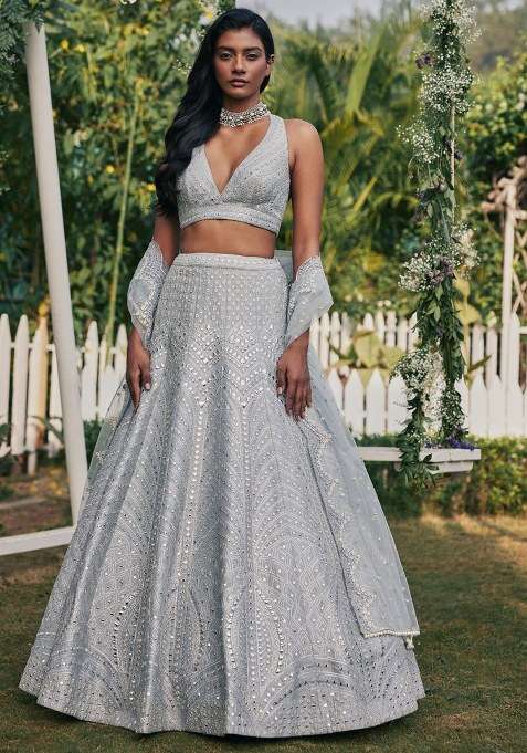 Steel Grey Silk Choli Lehenga with Embroidery for Diwali | Wedding & Festive Wear