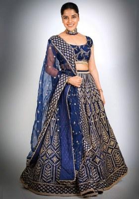 Blue Embroidery Silk Lehenga Choli