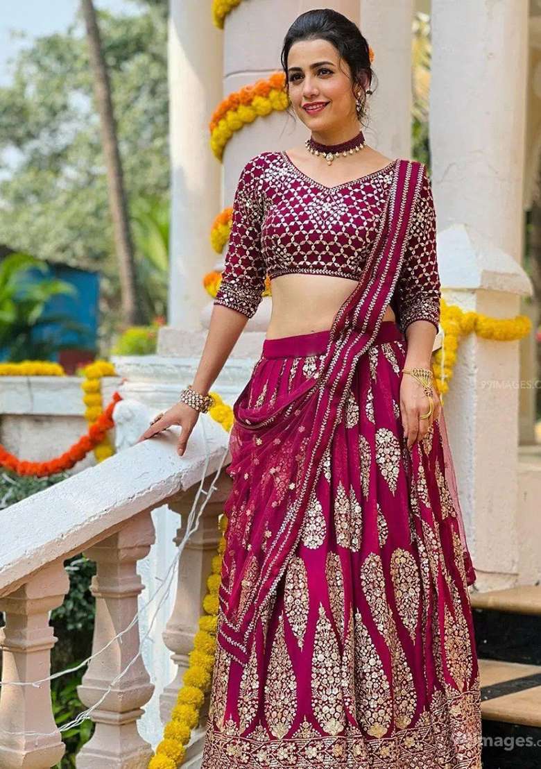 Cherry Red Embroidery Georgette Lehenga Choli for Diwali and Festive Wear - Indya