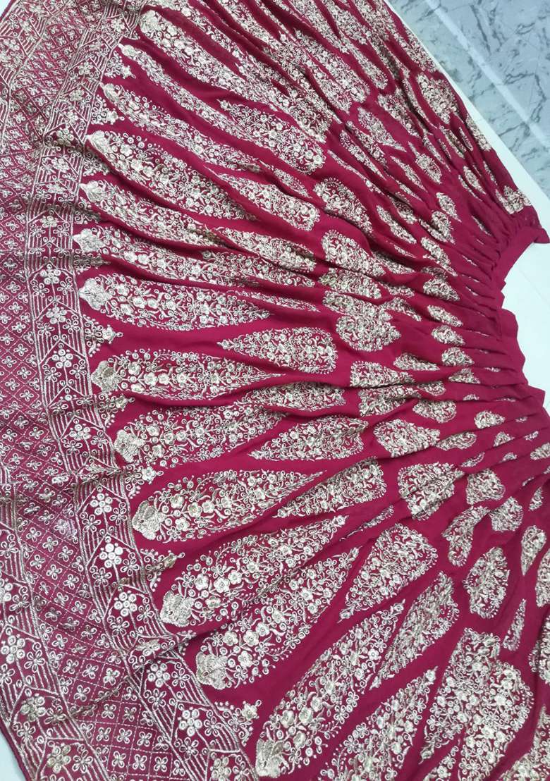 Cherry Red Embroidery Georgette Lehenga Choli for Diwali and Festive Wear - Indya