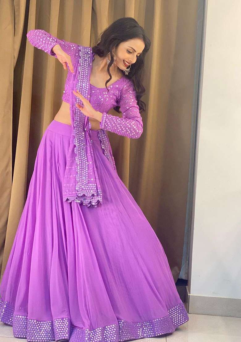 Lavender Embroidery Georgette Lehenga Choli for Diwali and Festive Wear - Indya