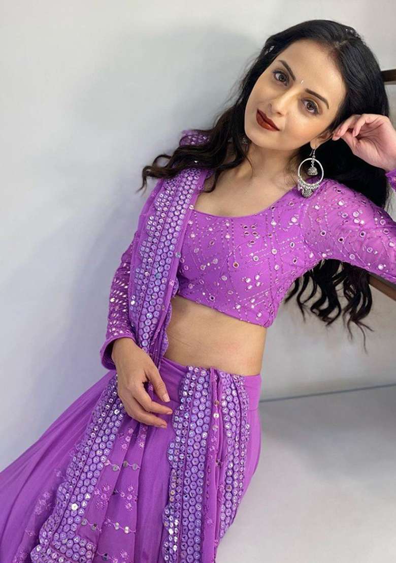 Lavender Embroidery Georgette Lehenga Choli for Diwali and Festive Wear - Indya