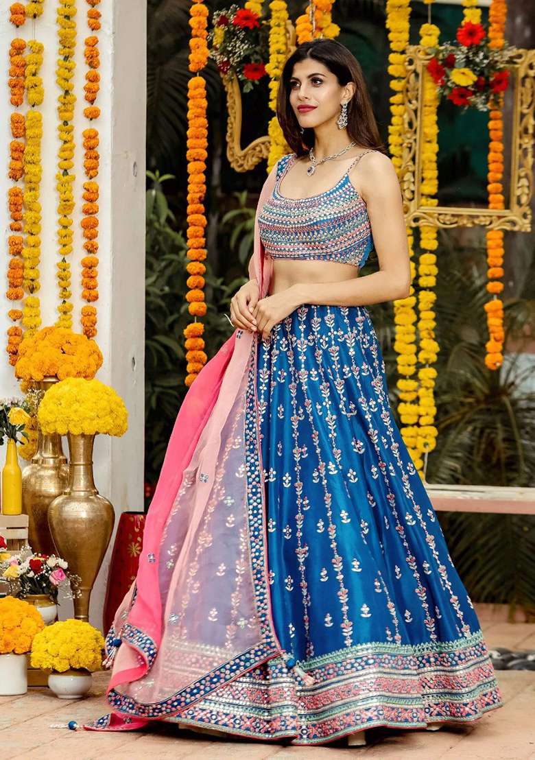 Blue Embroidery Chinon Lehenga Choli for Diwali and Festive Wear - Indya