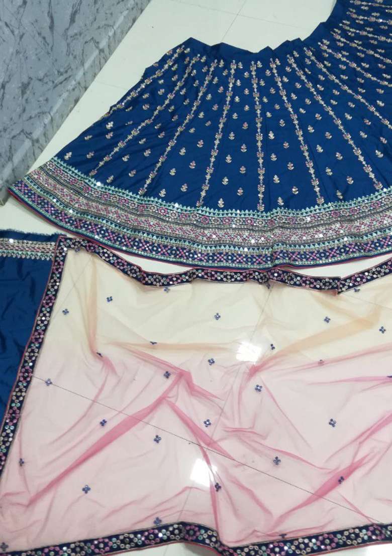 Blue Embroidery Chinon Lehenga Choli for Diwali and Festive Wear - Indya