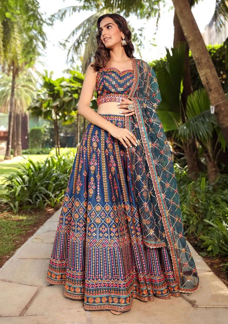 Blue Embroidery Chinon Lehenga Choli - Indya