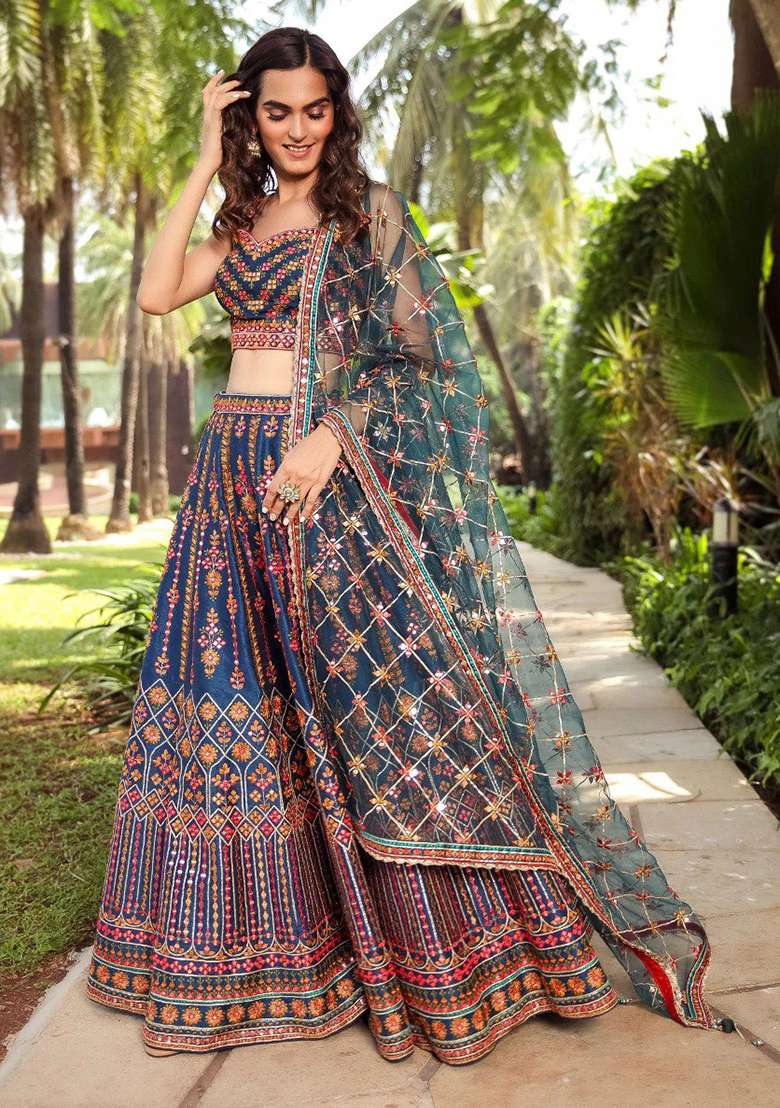Blue Embroidery Chinon Lehenga Choli - Indya
