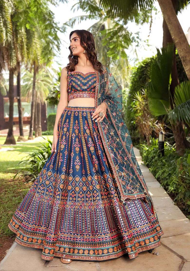 Blue Embroidery Chinon Lehenga Choli - Indya