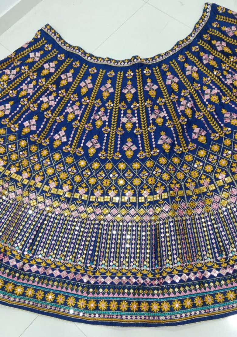 Blue Embroidery Chinon Lehenga Choli - Indya