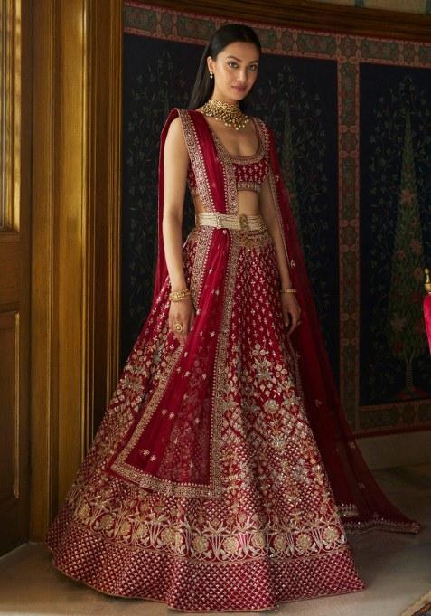Maroon Embroidery Silk Lehenga Choli — view on Indya