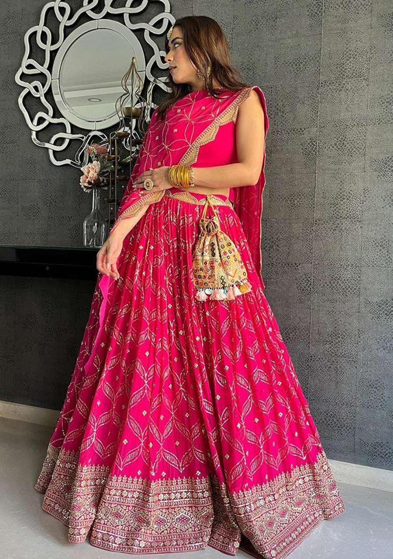 Dark Pink Embroidery Georgette Lehenga Choli for Diwali and Festive Wear - Indya