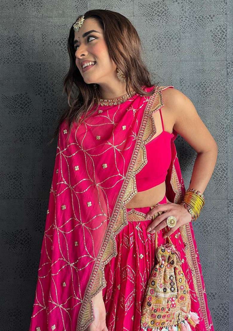 Dark Pink Embroidery Georgette Lehenga Choli for Diwali and Festive Wear - Indya