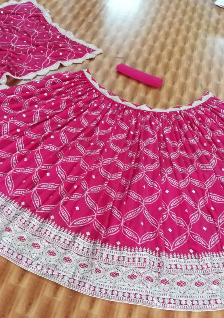 Dark Pink Embroidery Georgette Lehenga Choli for Diwali and Festive Wear - Indya