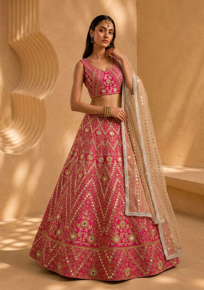 Pink Choli Silk Blend Lehenga with Embroidery for Diwali | Wedding & Festive Wear - Indya