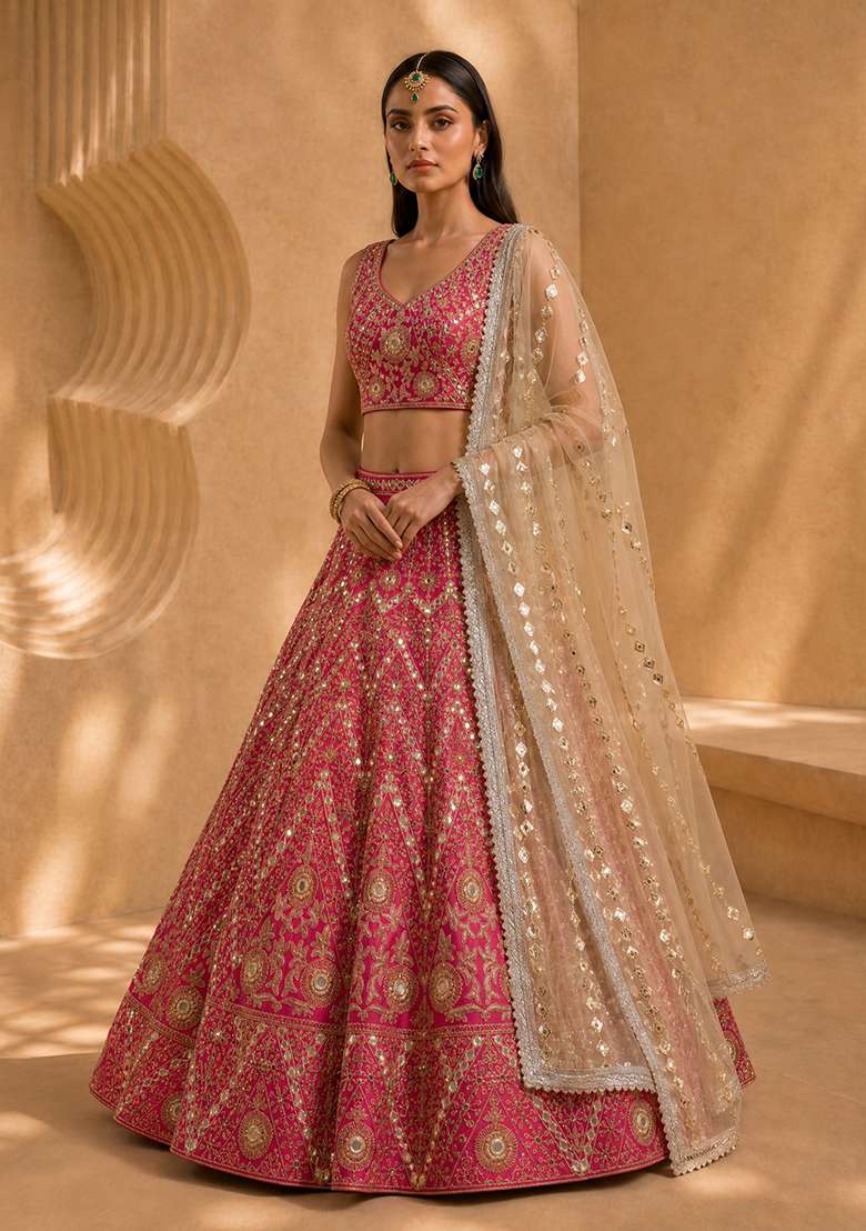 Pink Choli Silk Blend Lehenga with Embroidery for Diwali | Wedding & Festive Wear - Indya