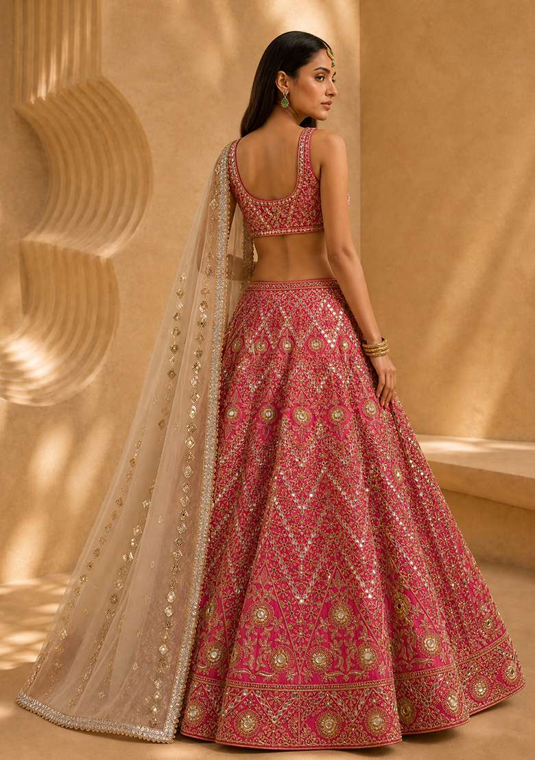 Pink Choli Silk Blend Lehenga with Embroidery for Diwali | Wedding & Festive Wear - Indya