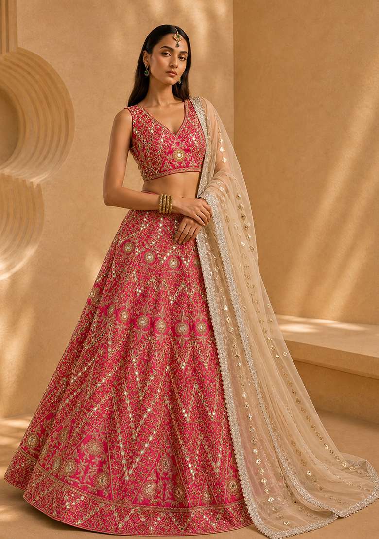 Pink Choli Silk Blend Lehenga with Embroidery for Diwali | Wedding & Festive Wear - Indya