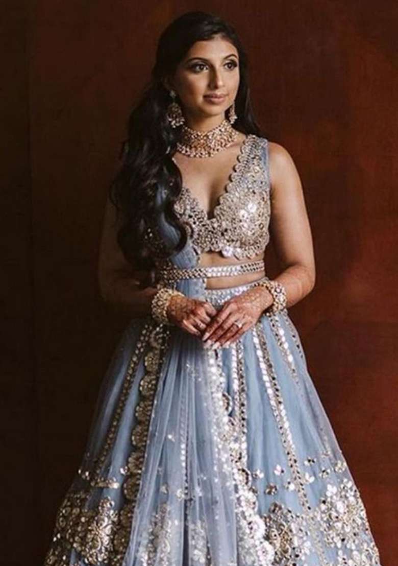 Grey Embroidery Net Lehenga Choli for Diwali and Festive Wear - Indya