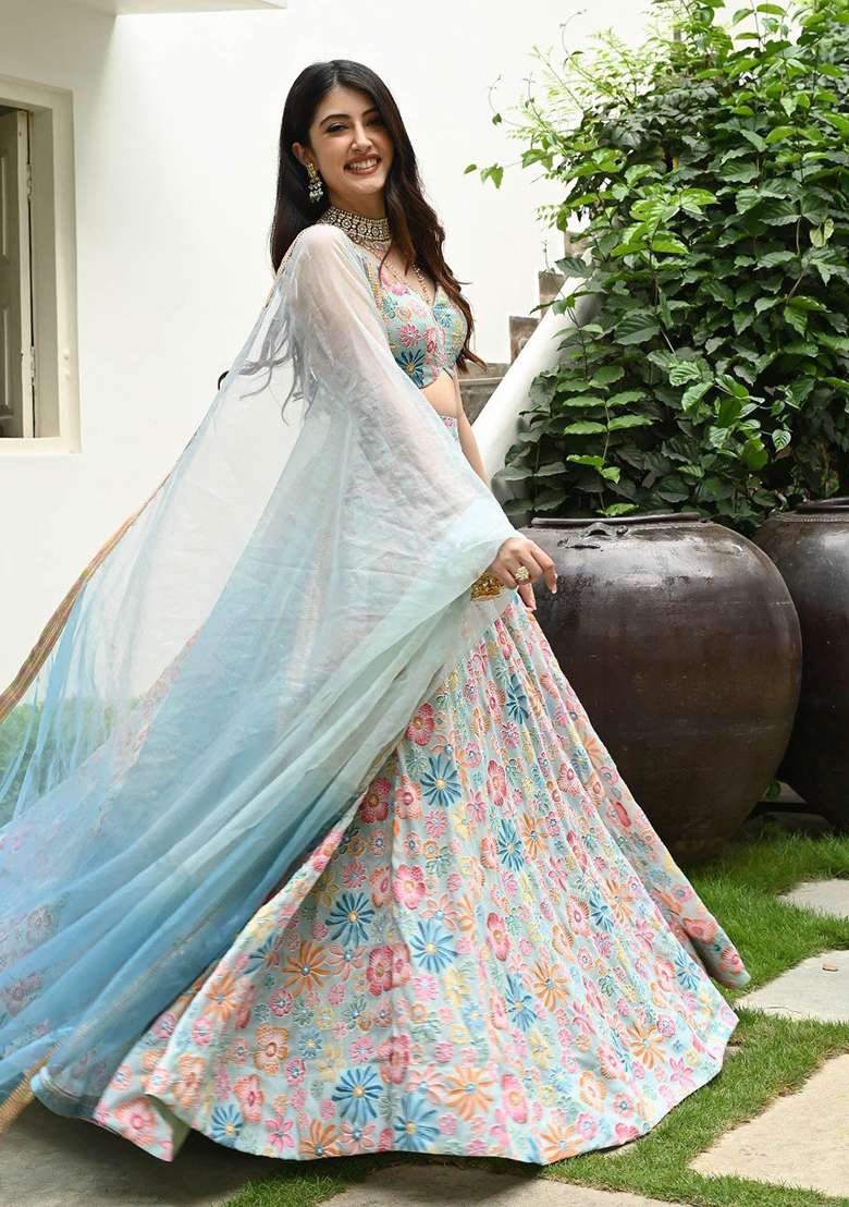 Multi Color Choli Silk Blend Lehenga with Embroidery for Diwali | Wedding & Festive Wear - Indya