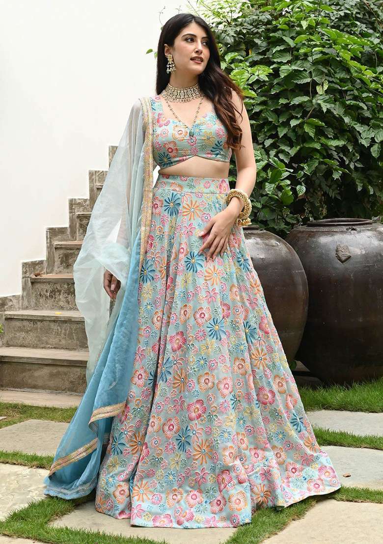 Multi Color Choli Silk Blend Lehenga with Embroidery for Diwali | Wedding & Festive Wear - Indya