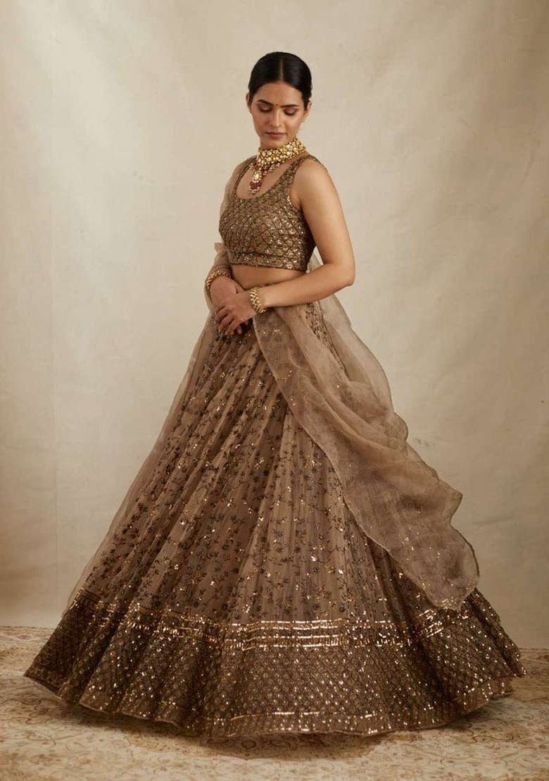 Brown Embroidery Net Lehenga Choli for Diwali and Festive Wear - Indya