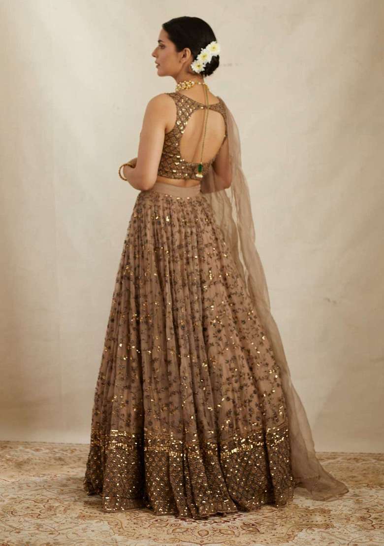 Brown Embroidery Net Lehenga Choli for Diwali and Festive Wear - Indya