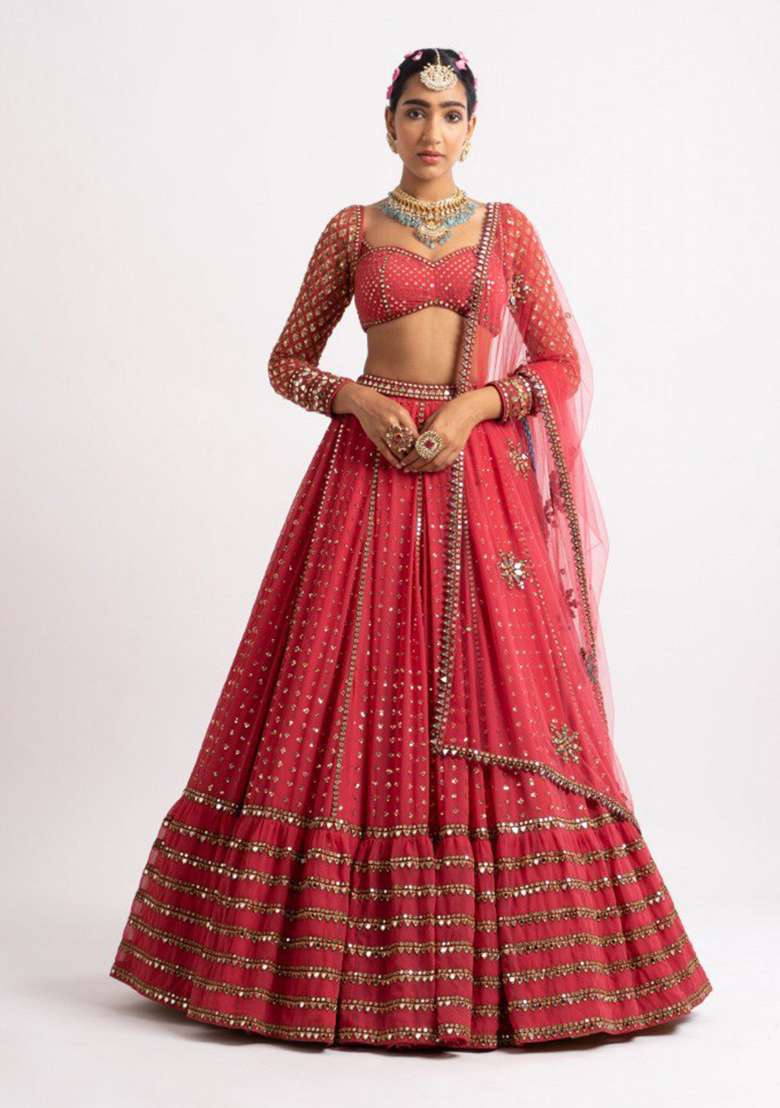 Red Embroidery Georgette Lehenga Choli for Diwali and Festive Wear - Indya
