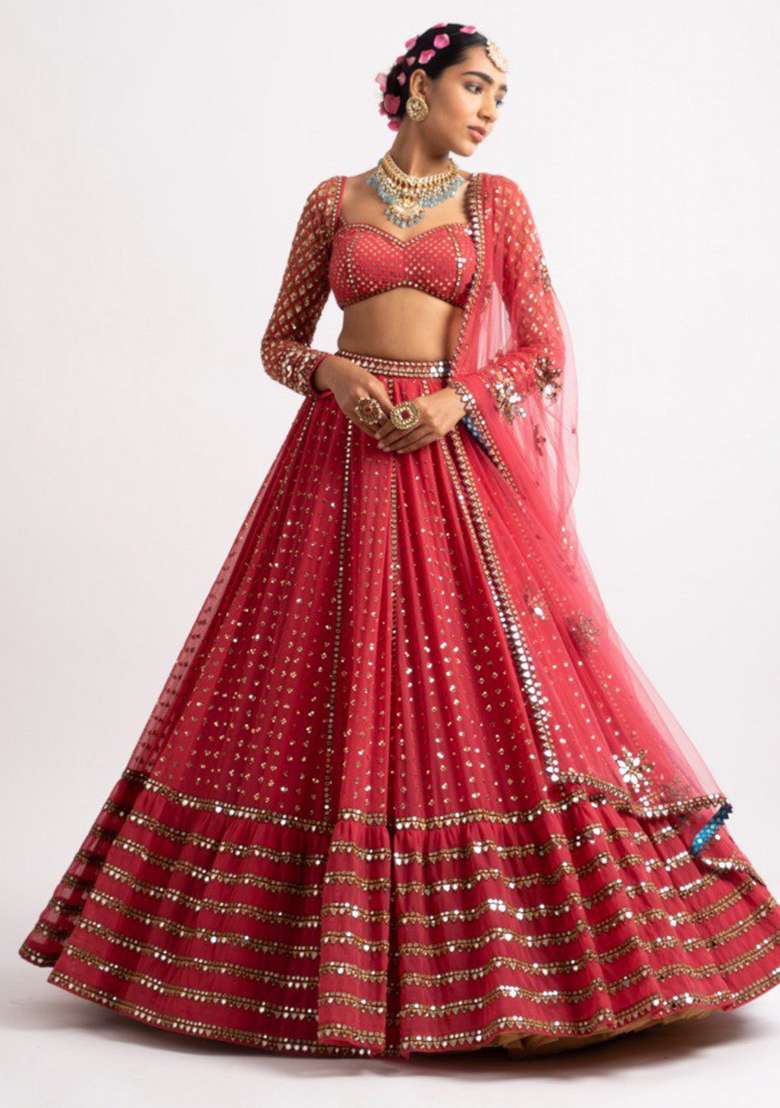 Red Embroidery Georgette Lehenga Choli for Diwali and Festive Wear - Indya