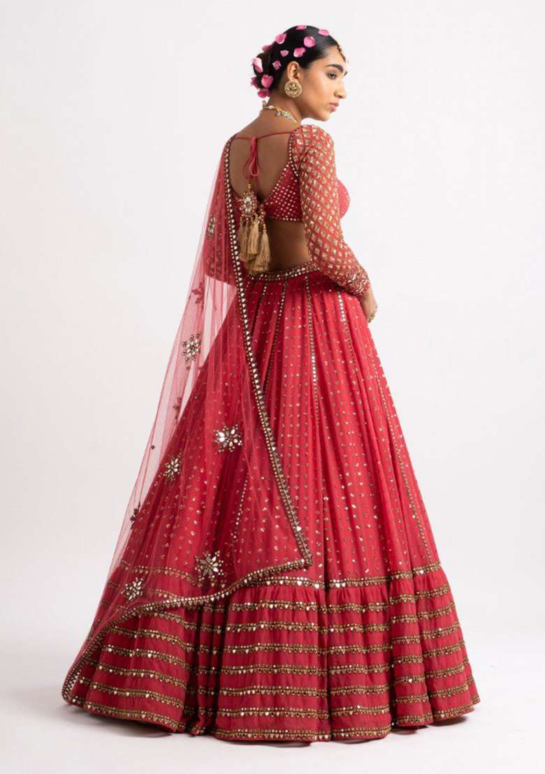 Red Embroidery Georgette Lehenga Choli for Diwali and Festive Wear - Indya