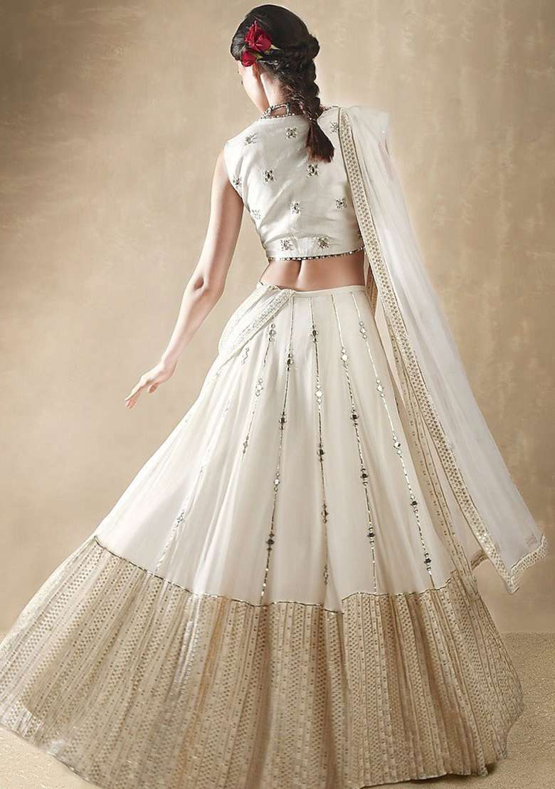 White Choli Georgette Lehenga with Embroidery for Diwali | Wedding & Festive Wear - Indya