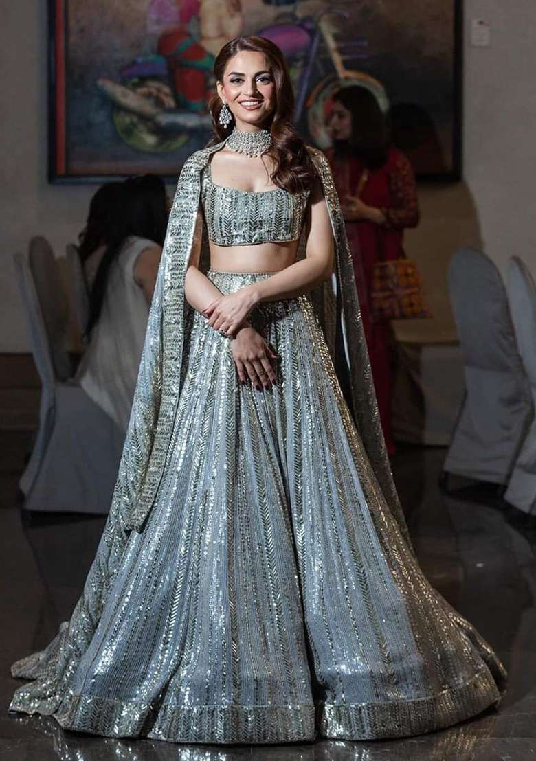 Grey Embroidery Georgette Lehenga Choli for Diwali and Festive Wear - Indya