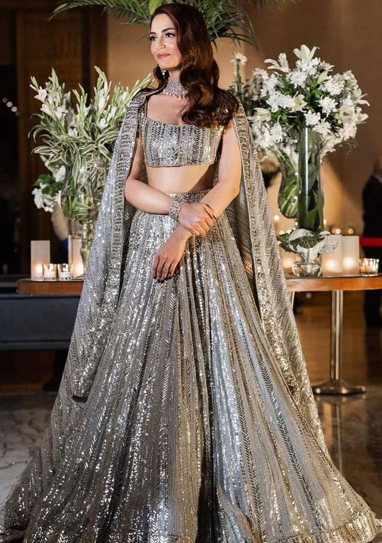 Grey Embroidery Georgette Lehenga Choli for Diwali and Festive Wear - Indya