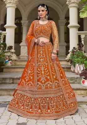 Orange Zari Work Net Lehenga Choli