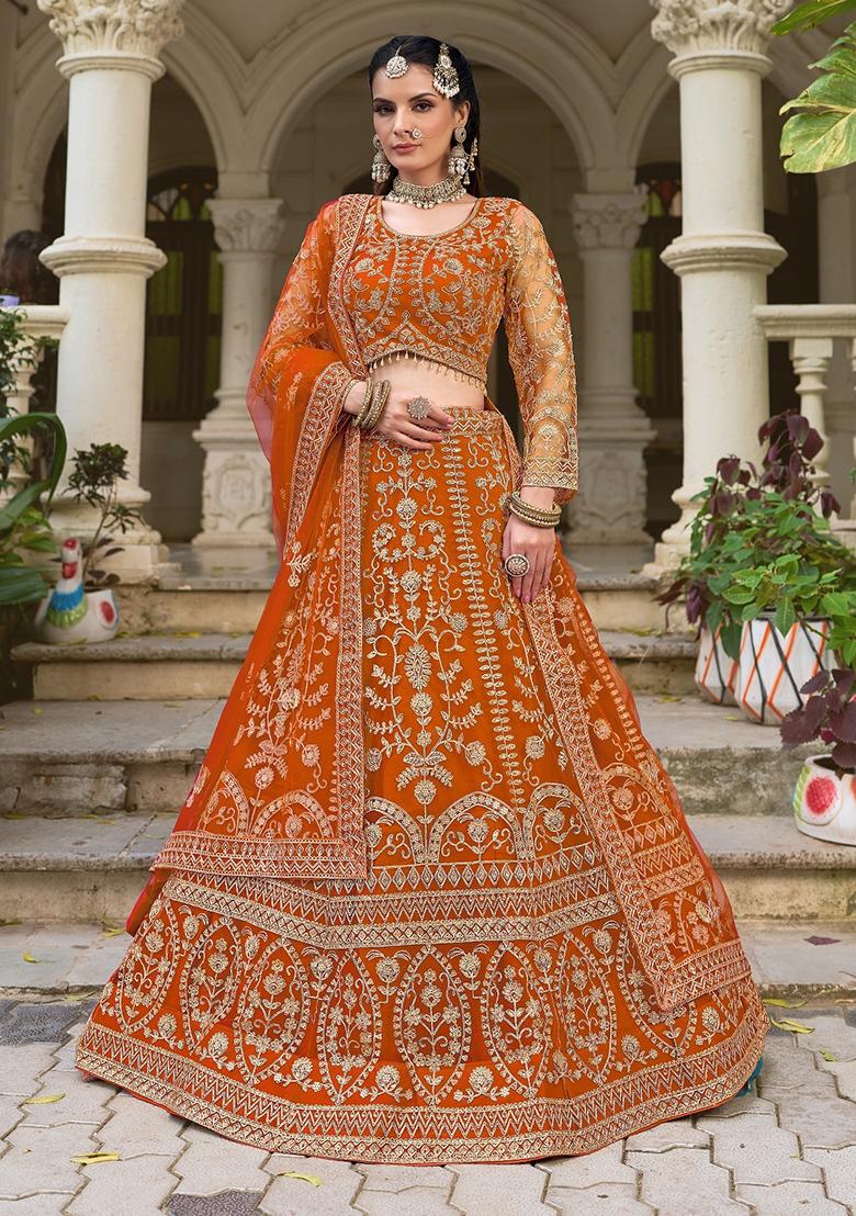 Orange Zari Work Net Lehenga Choli