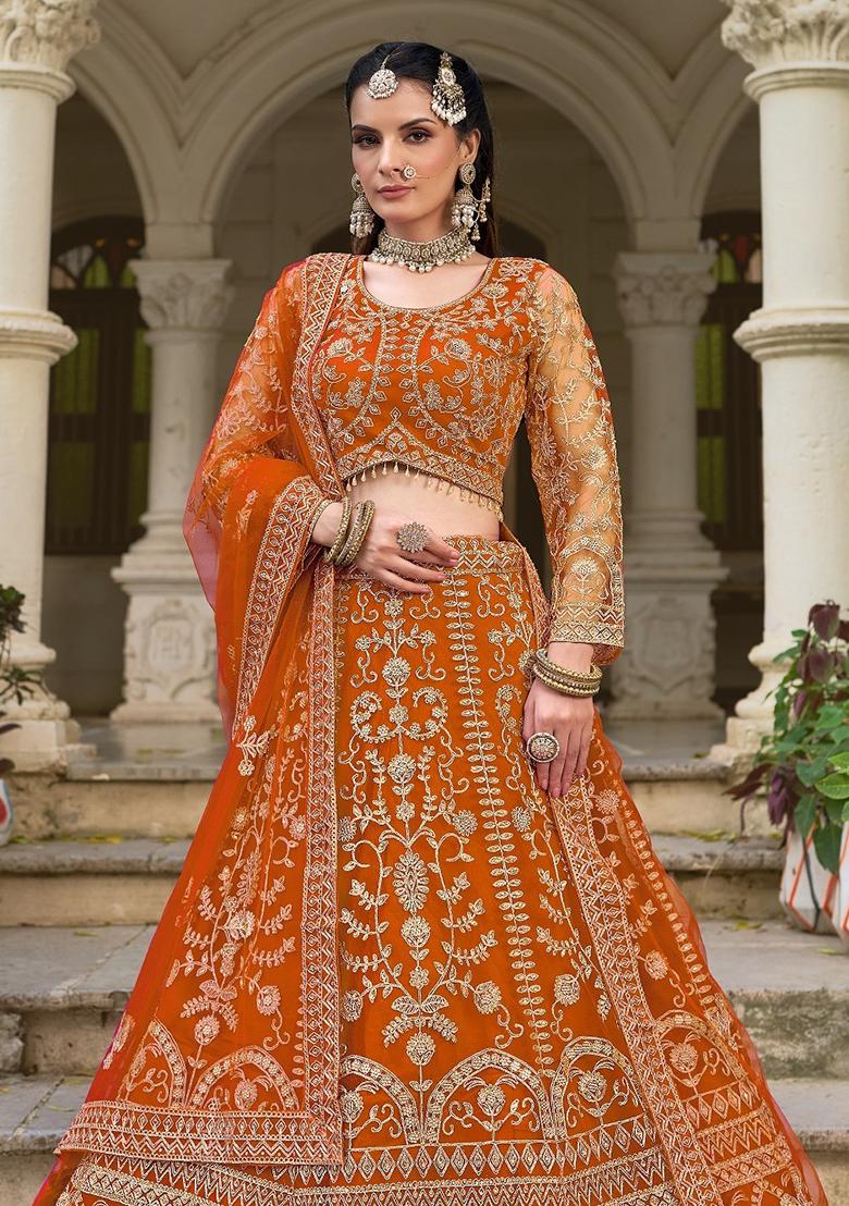 Orange Zari Work Net Lehenga Choli