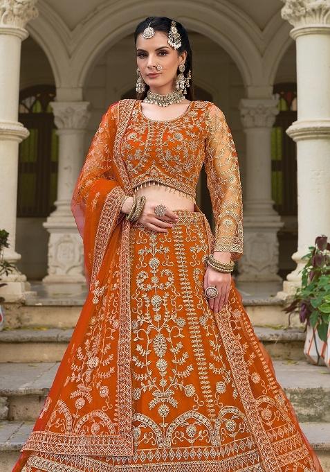 Orange Zari Work Net Lehenga Choli