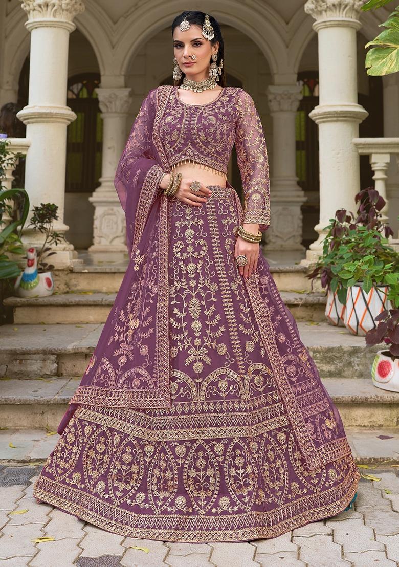 Lavender Zari Work Net Lehenga Choli