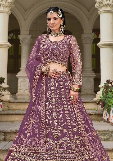 Lavender Zari Work Net Lehenga Choli