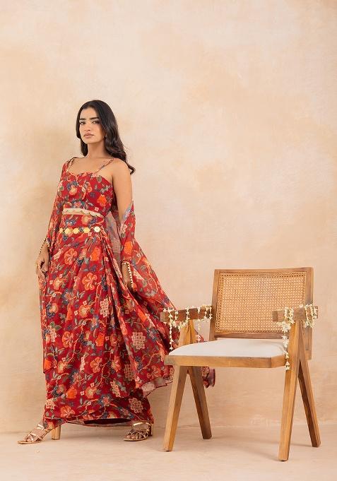 Red Printed Georgette Lehenga Set