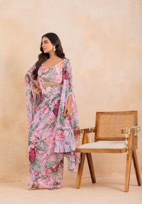 Pink Printed Georgette Lehenga Set