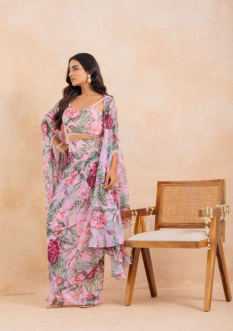 Pink Printed Georgette Lehenga Set - Indya
