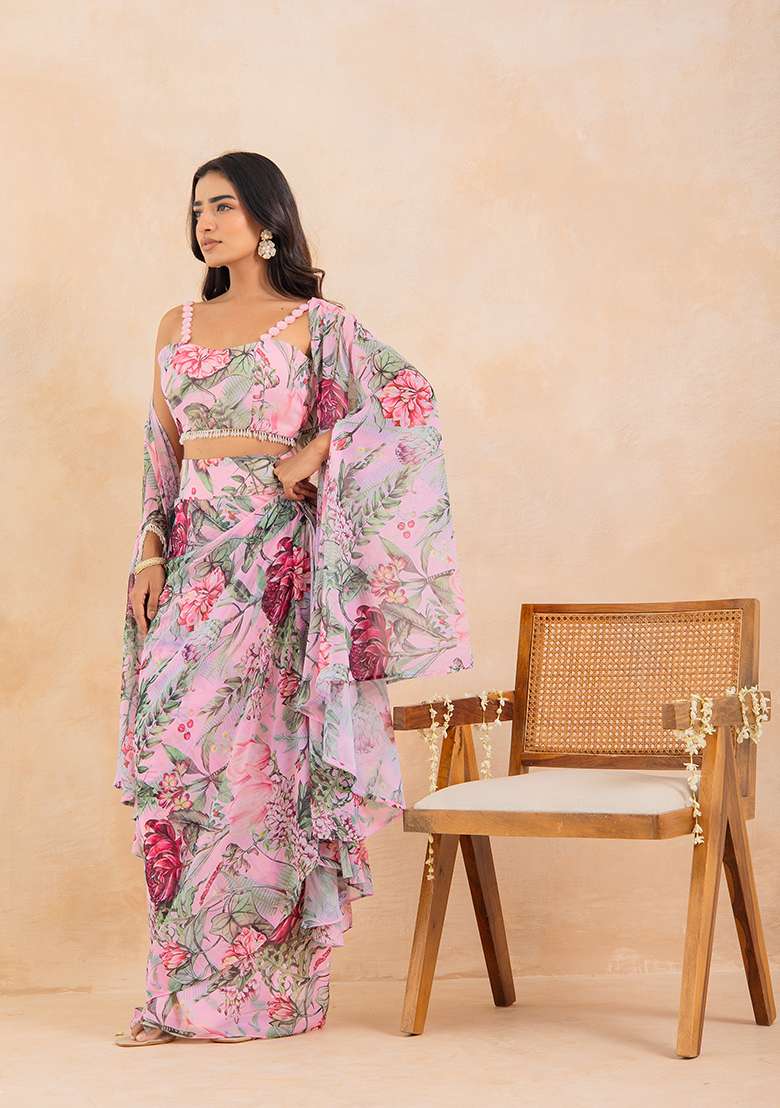 Pink Printed Georgette Lehenga Set - Indya