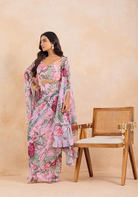 Pink Printed Georgette Lehenga Set