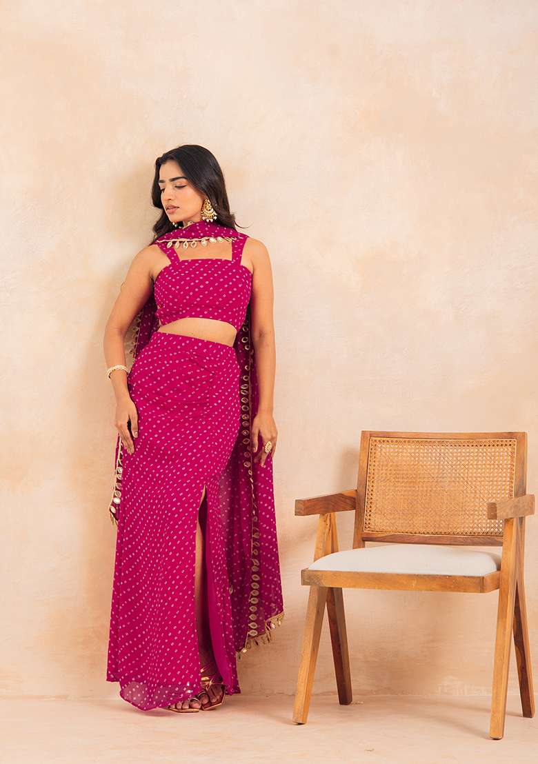 Pink Printed Georgette Lehenga Set - Indya