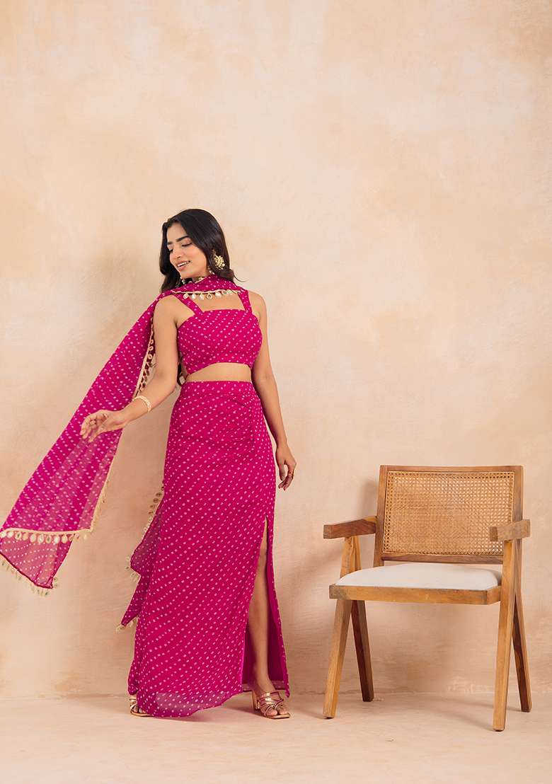 Pink Printed Georgette Lehenga Set - Indya