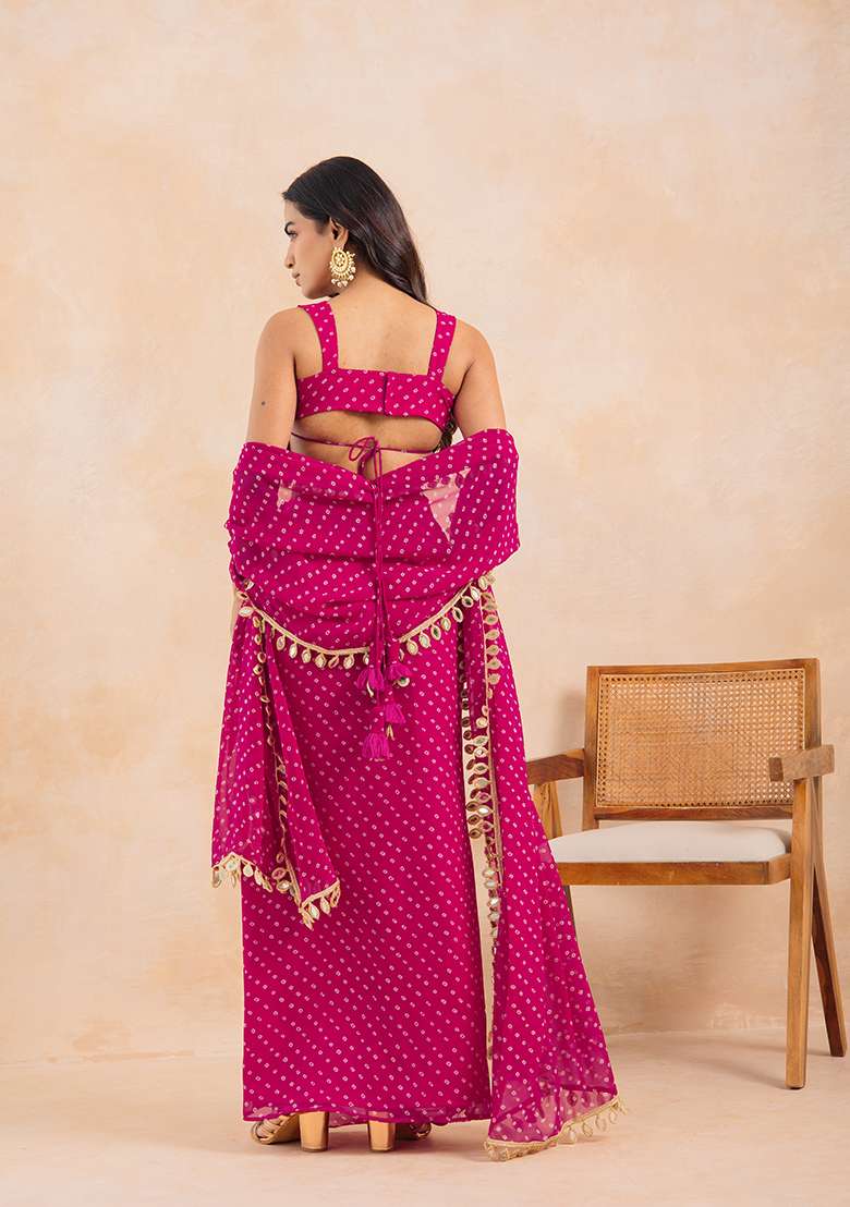 Pink Printed Georgette Lehenga Set - Indya