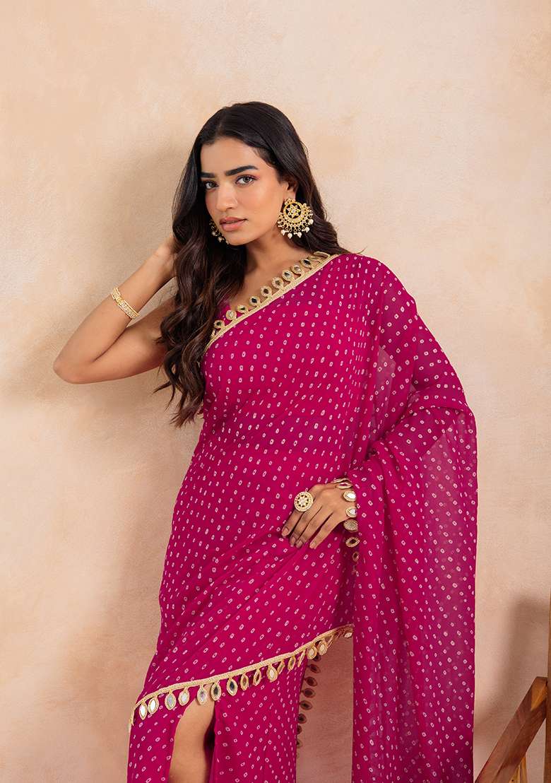 Pink Printed Georgette Lehenga Set - Indya
